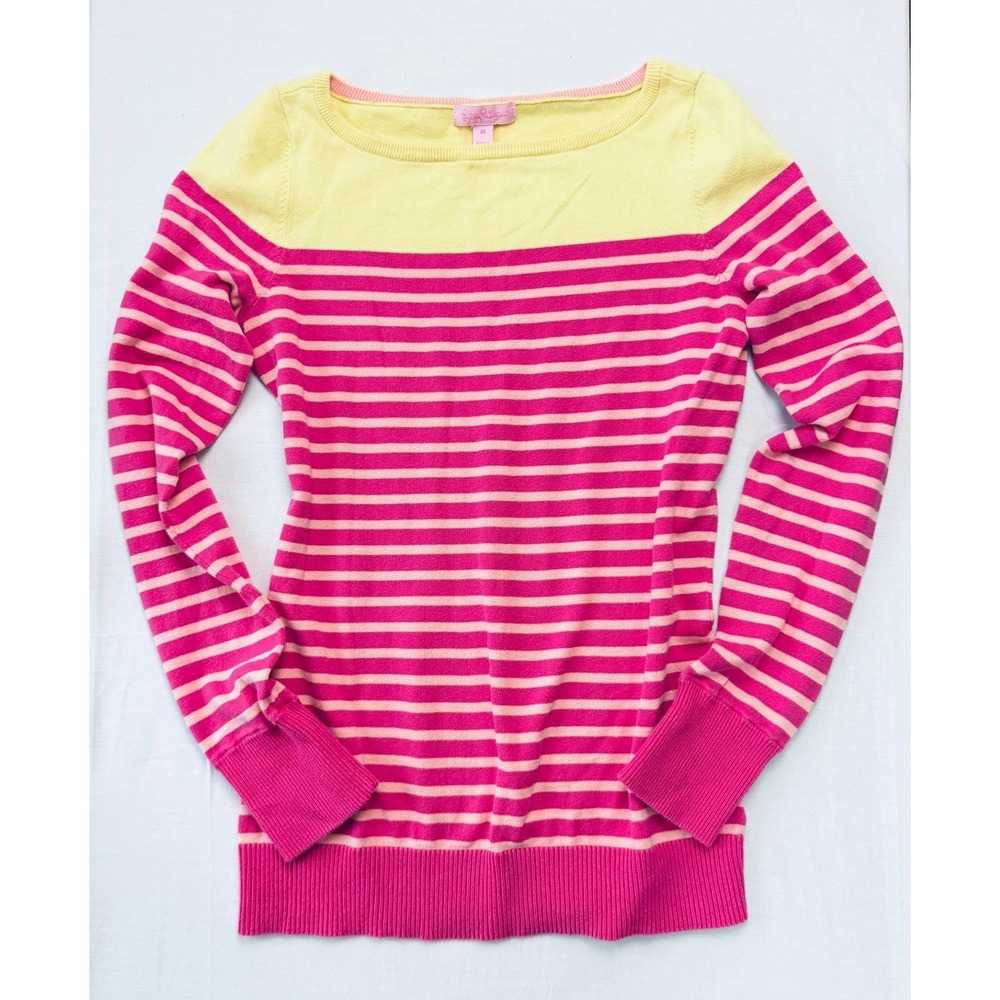 Lilly Pulitzer Sweater Women Size M Pink‎ Yellow Striped Cotton Blend Preppy